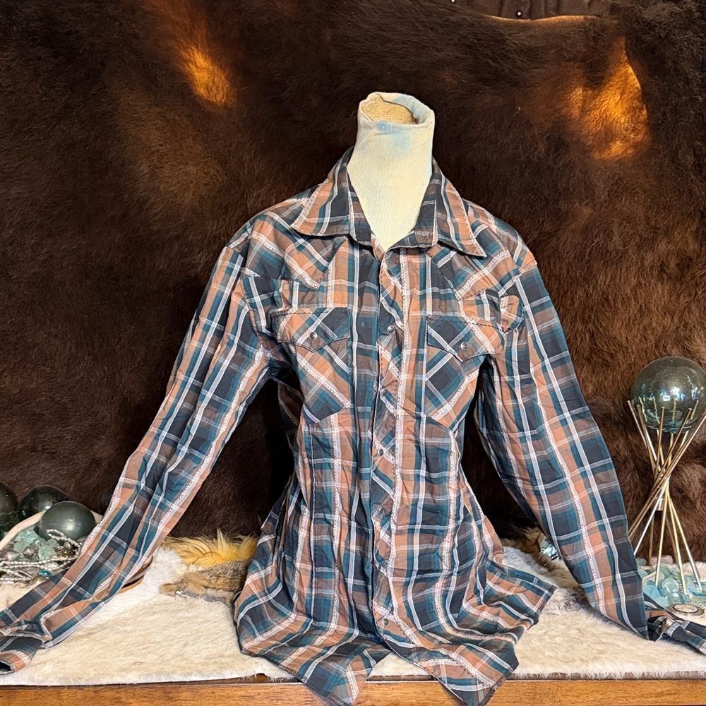 Wrangler Men's Blue and Brown Plaid Button-Down Shirt LT (3750)